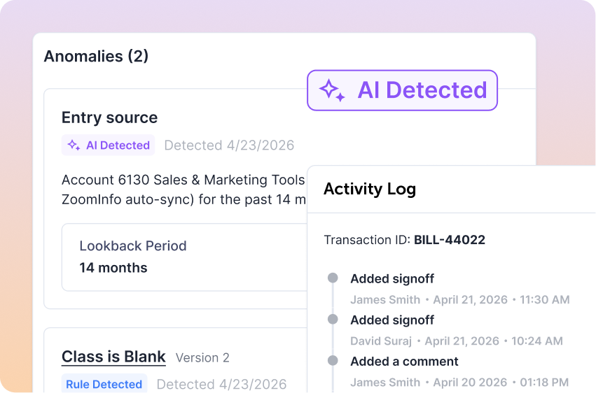 User interface panel titled Anomalies with two entries indicating AI detection, including details on account sales and marketing tools with a 14-month lookback period and a blank class rule detected. A separate Activity Log shows transaction ID BILL-44022 with timestamps and actions like added signoff and comment by users James Smith and David Suraj in April 2026.