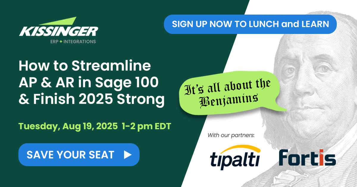 Webinar promo image with Benjamin Franklin saying “It’s all about the Benjamins” and details for a Sage 100 AP/AR webinar