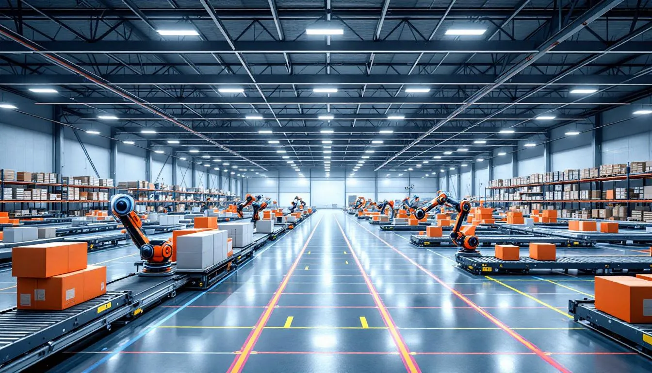 In the image, a modern warehouse is depicted, featuring advanced automated sorting systems and robotic fulfillment technology that streamline the order management process. This efficient setup enhances the fulfillment process, ensuring quick and accurate order processing to meet customer expectations.