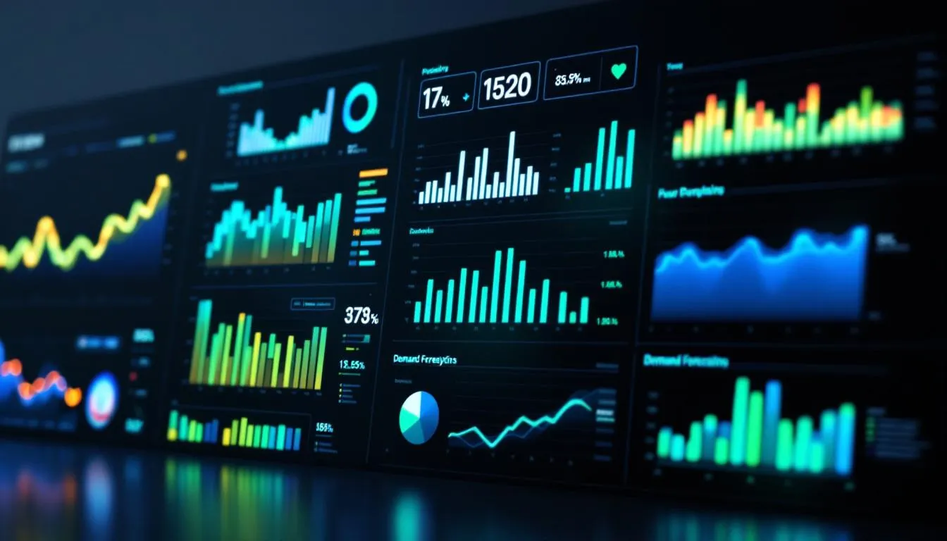 An AI-powered dashboard displays various predictive analytics and demand forecasting charts, highlighting key metrics related to the order management process. The visual data representation aids in understanding customer expectations and optimizing fulfillment processes for improved customer satisfaction.