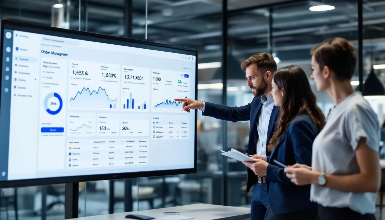 In the image, a diverse team of professionals is collaborating around a computer screen that displays an order management system, focusing on the order management process and its implementation. They are engaged in discussions about improving customer satisfaction and optimizing the fulfillment process to meet customer expectations.