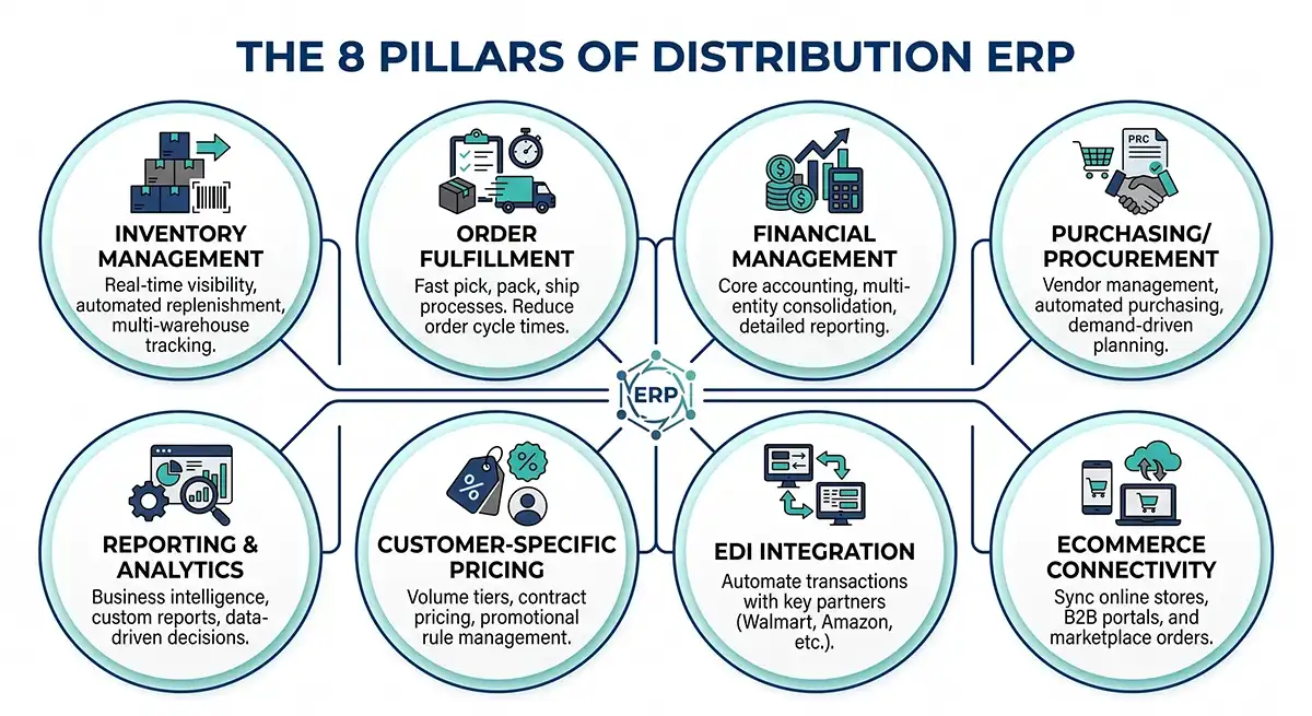 Infographic showing the 8 core pillars of wholesale distribution ERP software, including inventory management, EDI, and eCommerce connectivity.