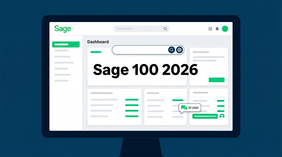 lat-design illustration of a Sage 100 2026 ERP dashboard on a monitor, featuring a global search bar, an AI chat bubble, and Sage brand green accents on a dark navy background.