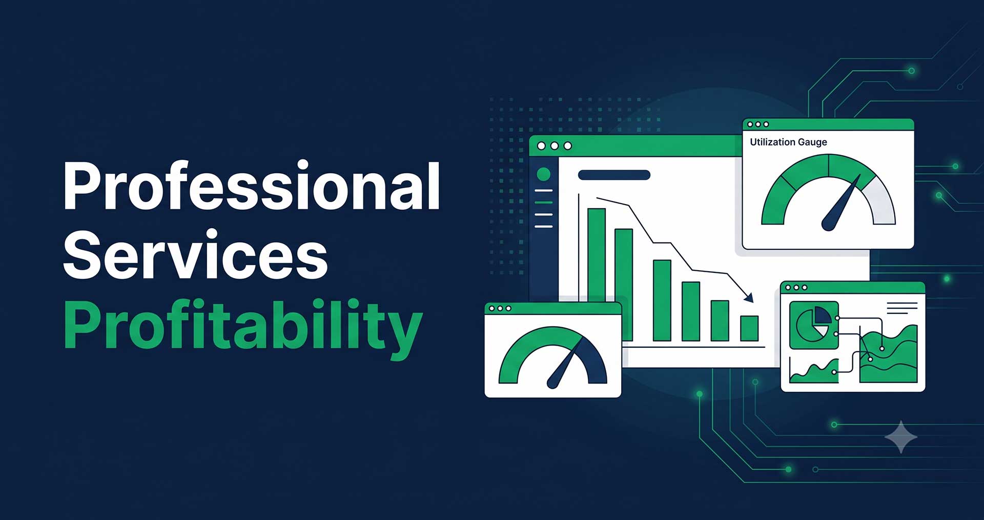 Professional services profitability blog featured image with flat illustration UI dashboard screens showing a declining bar chart and a utilization gauge in green and white accents on a dark navy blue background.