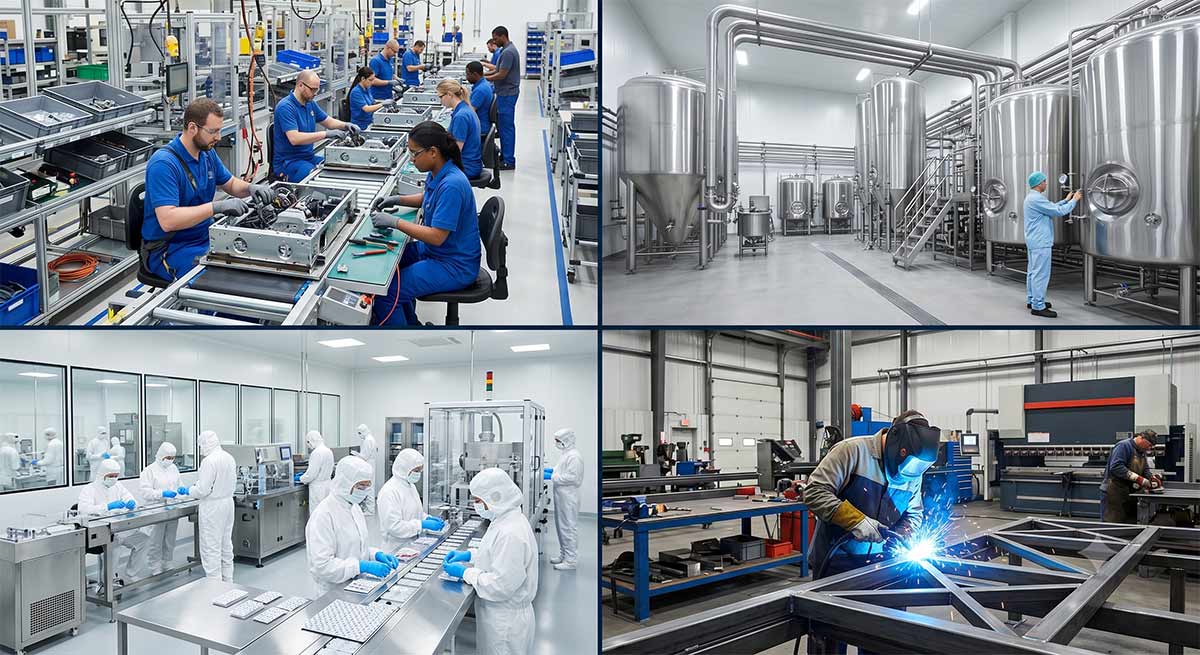 Manufacturing types including discrete, process, ETO, and food and beverage production