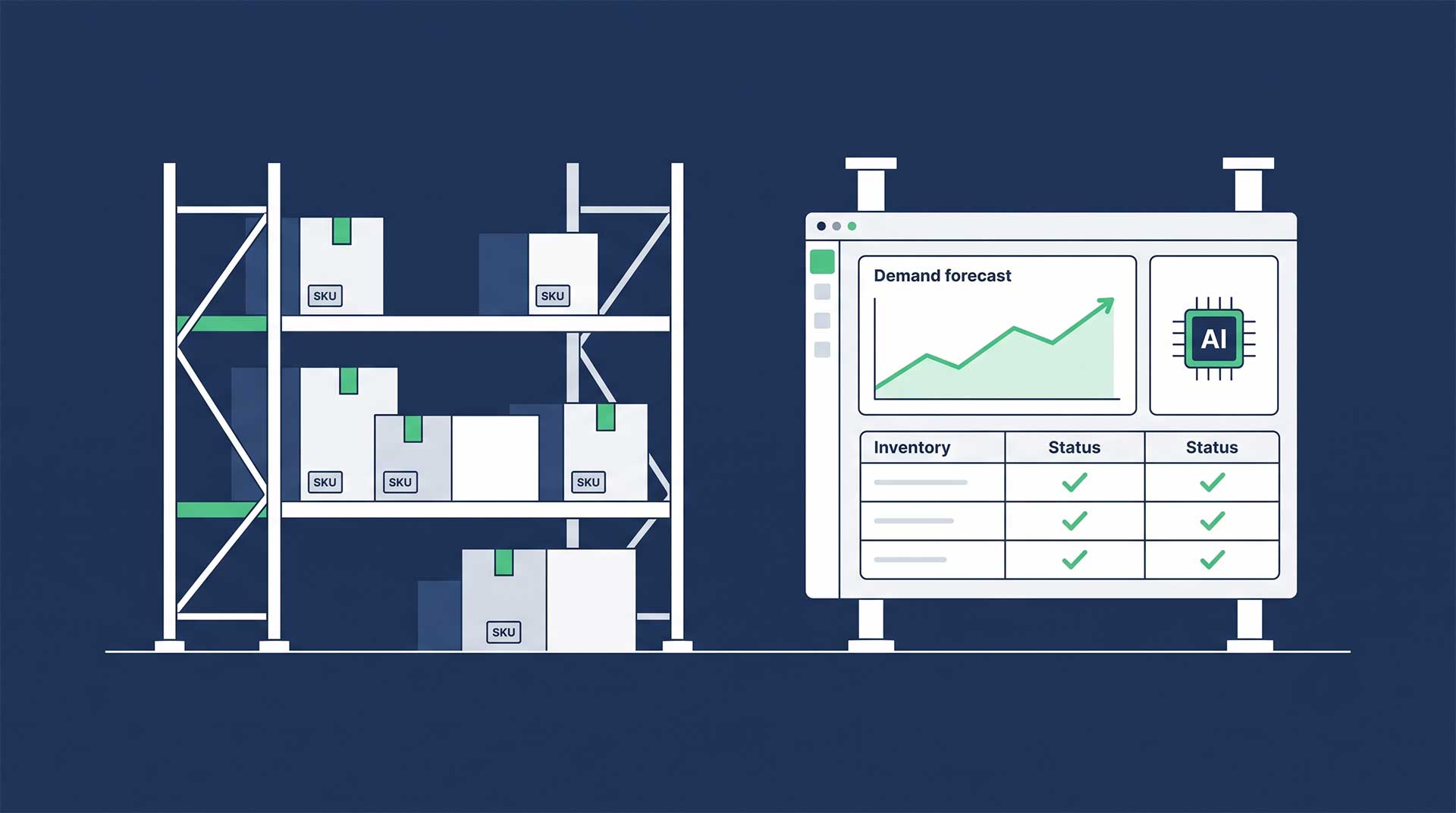 AI demand forecasting dashboard for wholesale distributors showing inventory data and forecast trends