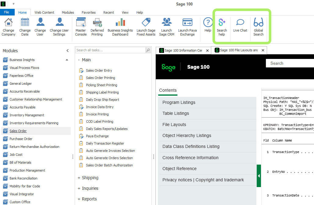 The Sage 100 2026 Desktop, showing the Home tab with Search Help, Live Chat, and Global Search icons highlighted