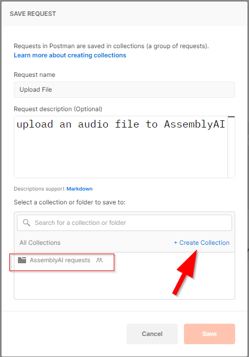 Screen-shot of "save request" pop-up
