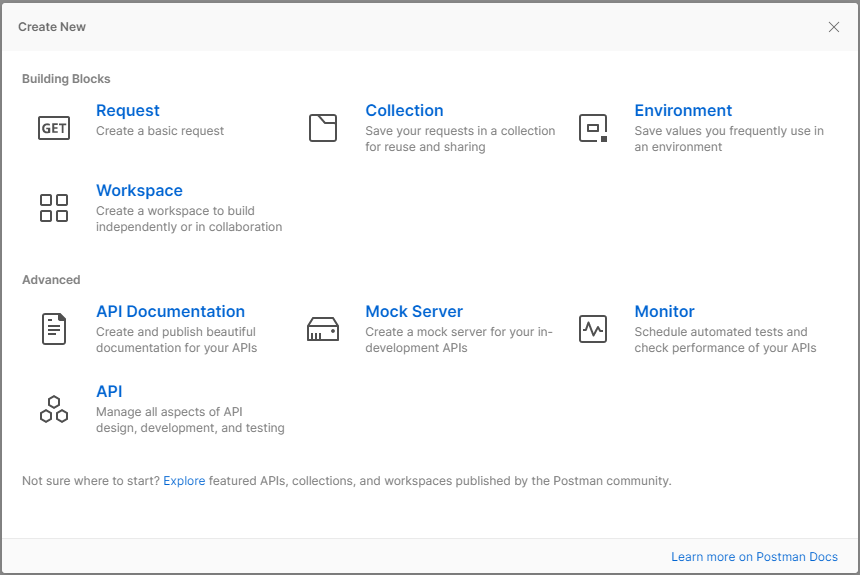 Screenshot of Postman's "building blocks" pop-up