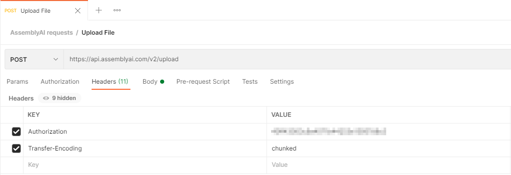 Screenshot displaying the Postman request including headers