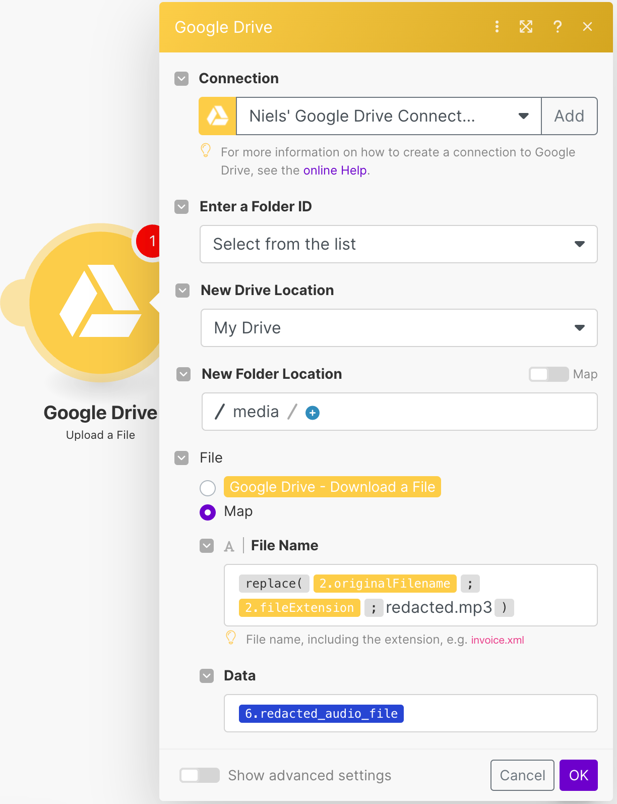 Configure Google Drive Upload a File module.