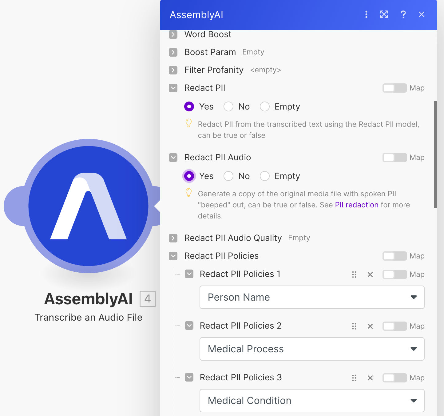Configure AssemblyAI PII redaction in AssemblyAI Transcribe an Audio File module