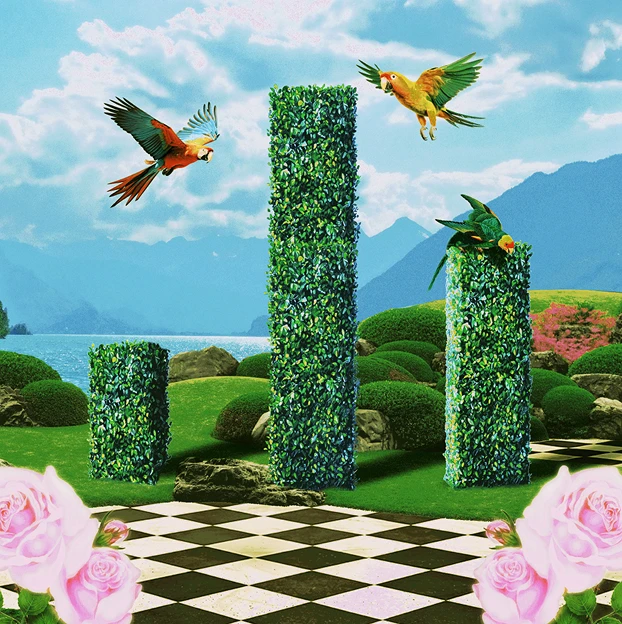 Parrots flying between hedge pillars on a checkered lawn beside a mountain lake