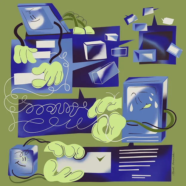 Cheerful computers passing messages and parcels between green hands