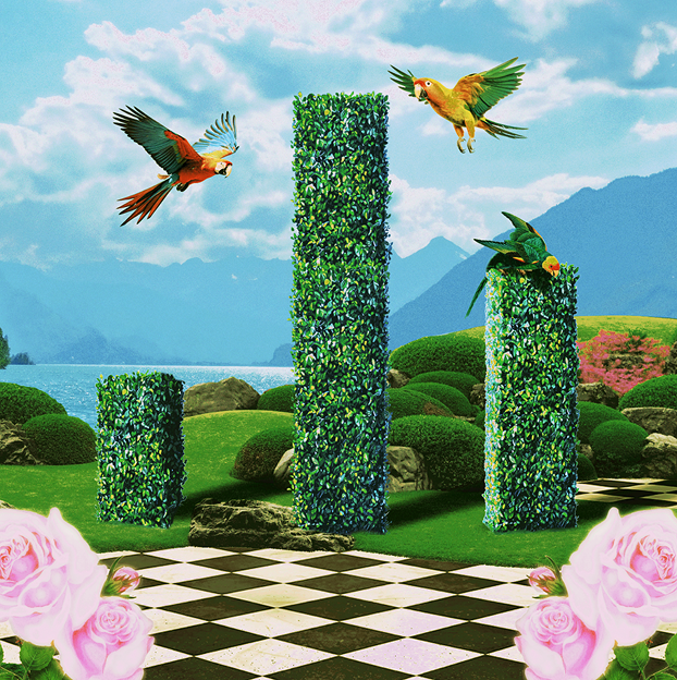 Parrots flying between hedge pillars on a checkered lawn beside a mountain lake