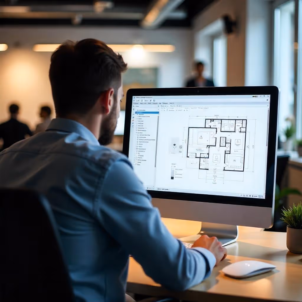Man ontwerpt een LED lichtplan op een computer in een modern kantoor met daglicht en collega's op de achtergrond