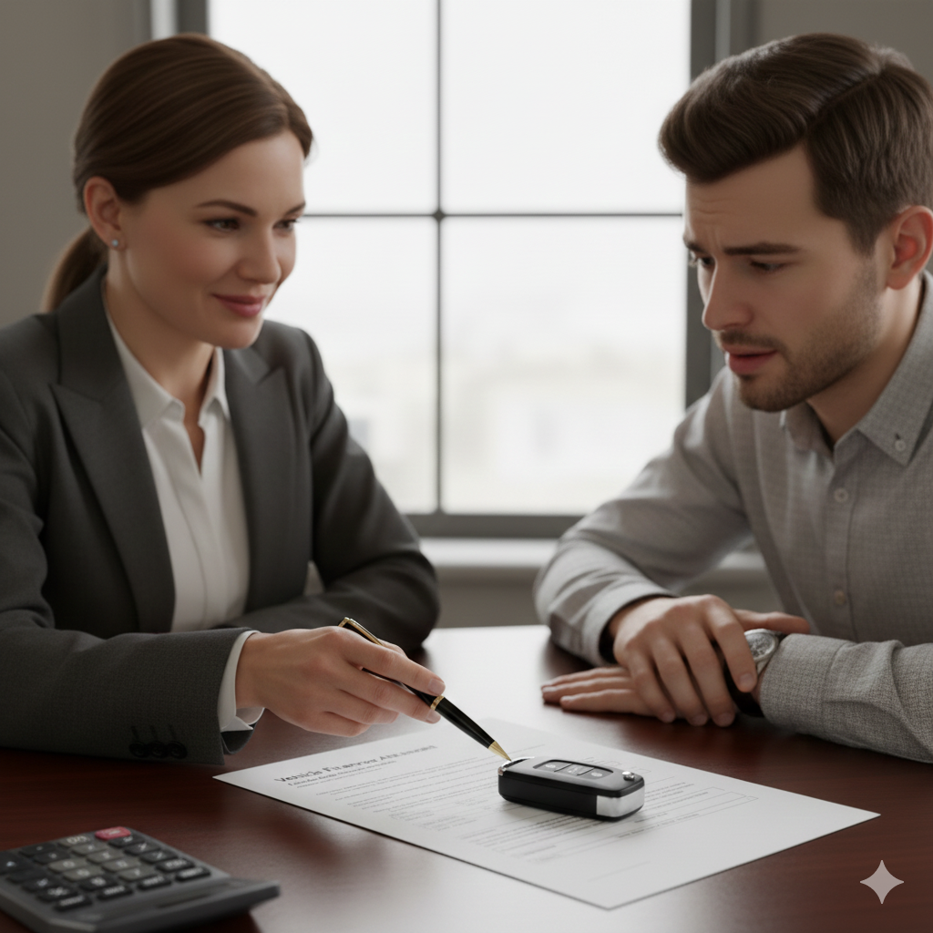 A financial advisor explaining paperwork to a consumer