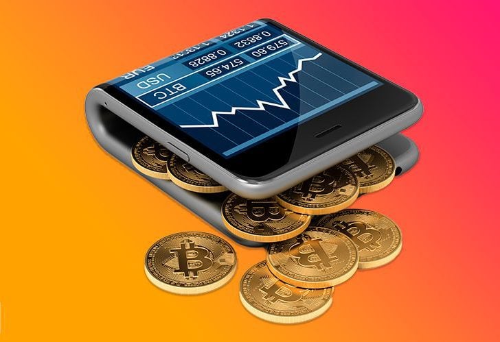 crypto wallet made from phone with bitcoin btc coins coming out