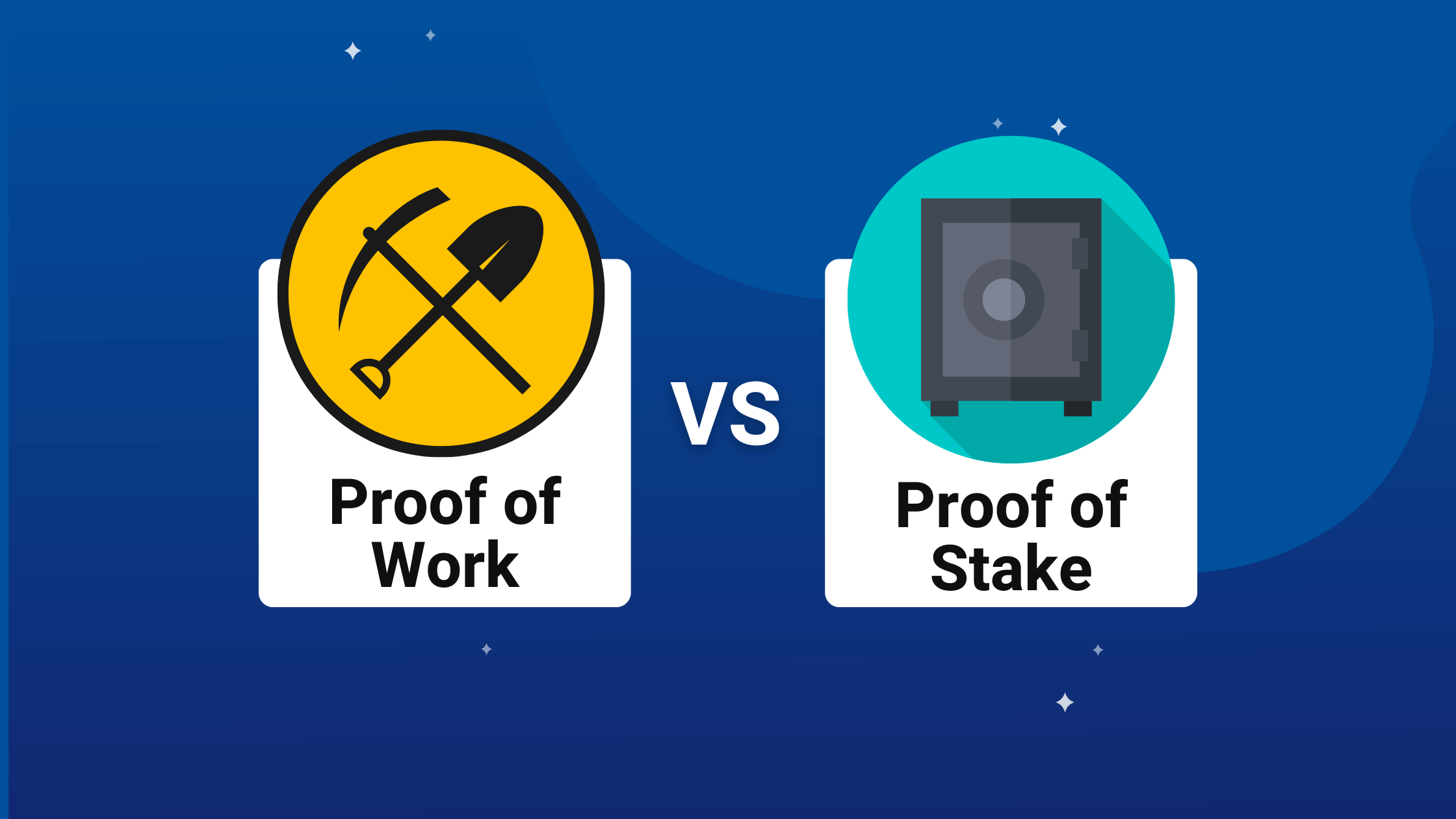 proof stake vs proof of work symbolized by shovel and pickaxe vs a locked safe
