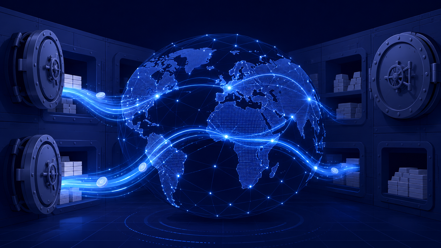 Pre-funding problem in cross-border payments shown as global liquidity moving between banks.