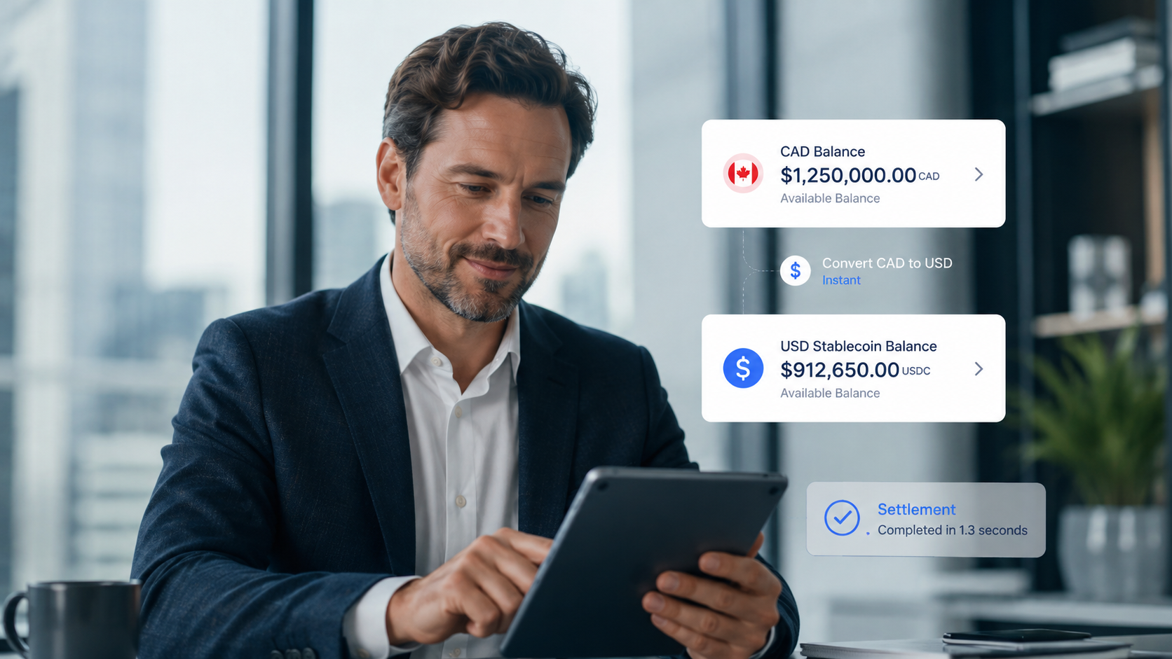 Canadian business professional managing stablecoin treasury and cross-border payments.