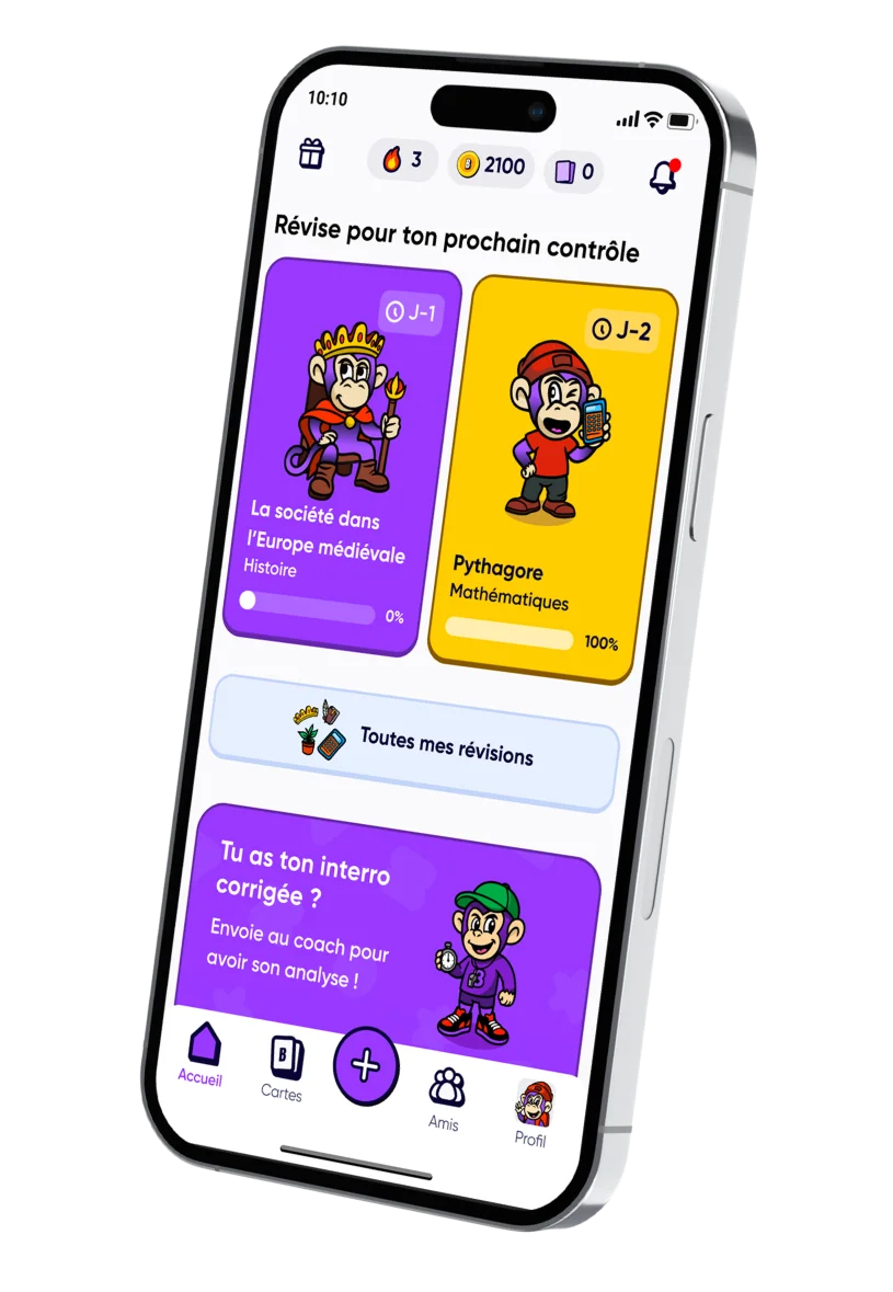 Écran d'application mobile montrant la révision pour contrôles avec sujets Histoire et Mathématiques et mascottes singes.