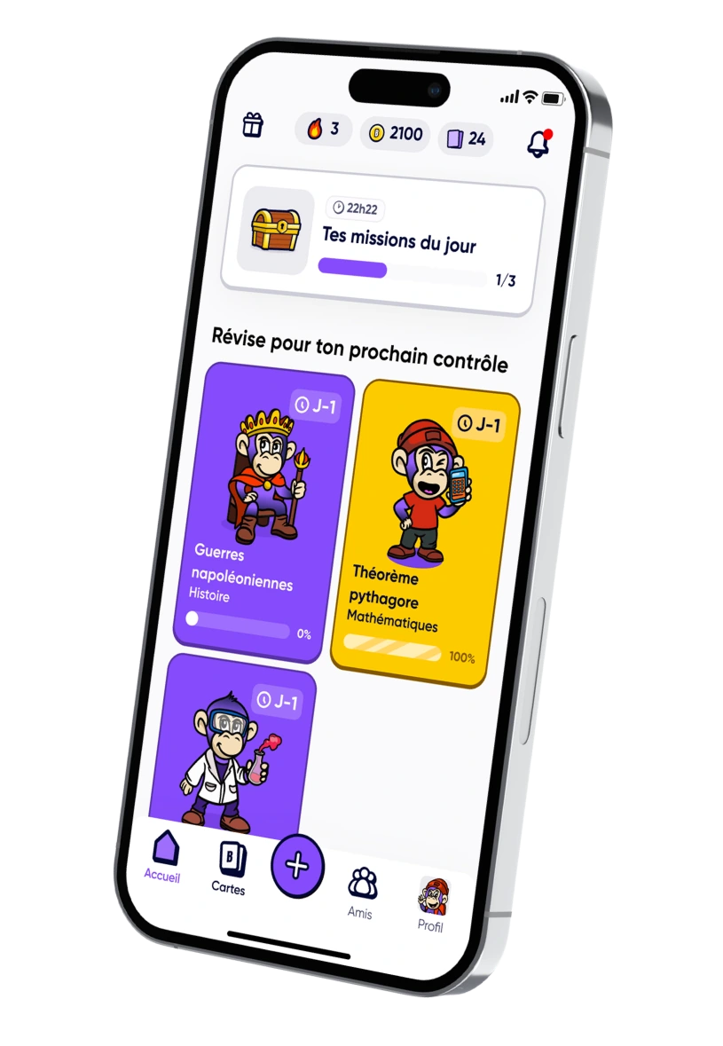 Écran d'application mobile montrant la révision pour contrôles avec sujets Histoire et Mathématiques et mascottes singes.