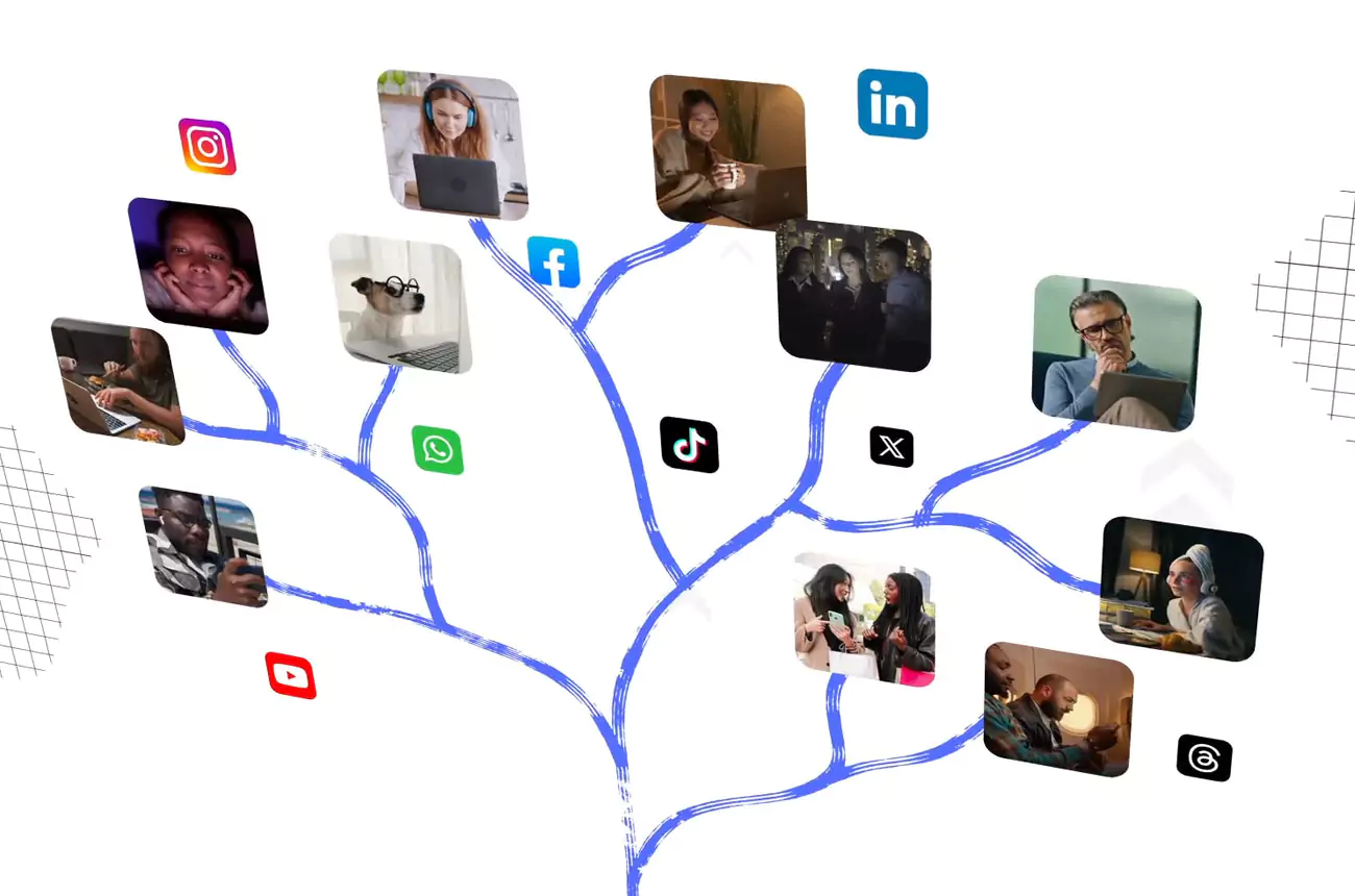 Visual representation of GNG Studios’ content activation phase, showing video distribution across social platforms like Instagram, YouTube, TikTok, LinkedIn, and WhatsApp.