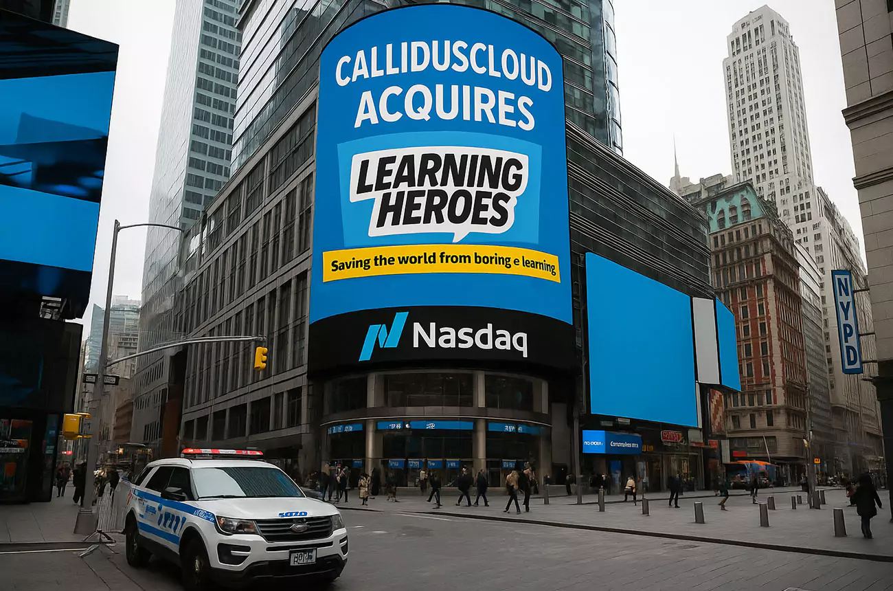 CallidusCloud announces acquisition of Learning Heroes on Nasdaq billboard in Times Square. A milestone from GNG Studios’ founding story.