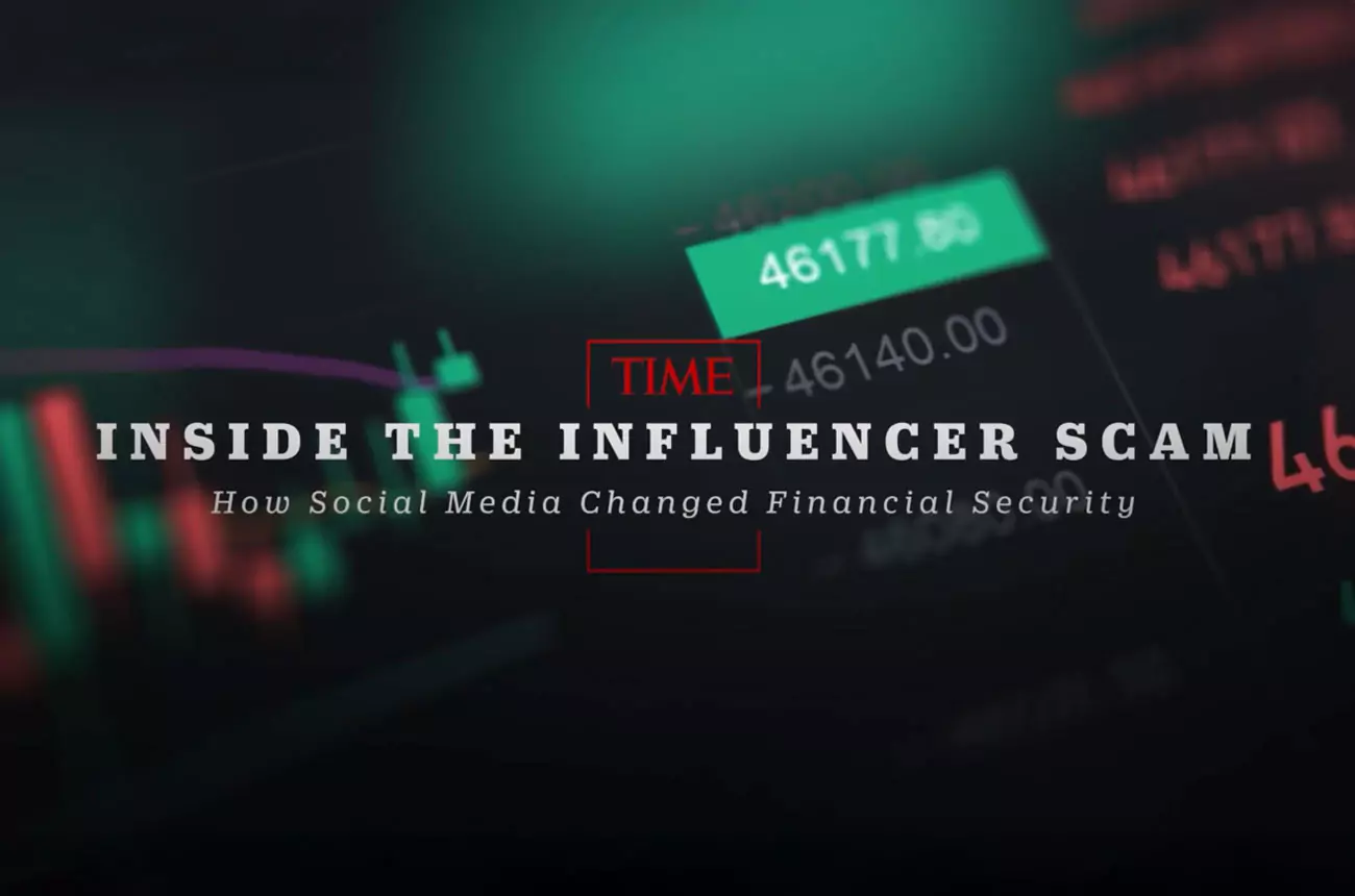 Title screen from TIME Magazine’s “Inside the Influencer Scam” documentary, featuring GNG Studios as creative contributors and on-screen interviewees.