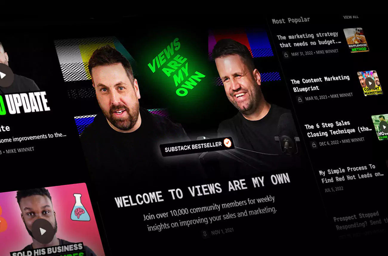 Promotional image for GNG Studios’ “Views Are My Own” podcast and newsletter, a Substack bestseller with a 10K-strong community.