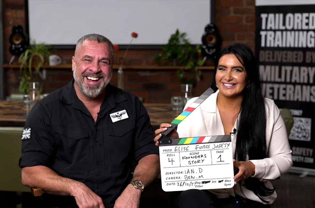 The Elite Force Safety team holding up a clapper board after a successful shoot.