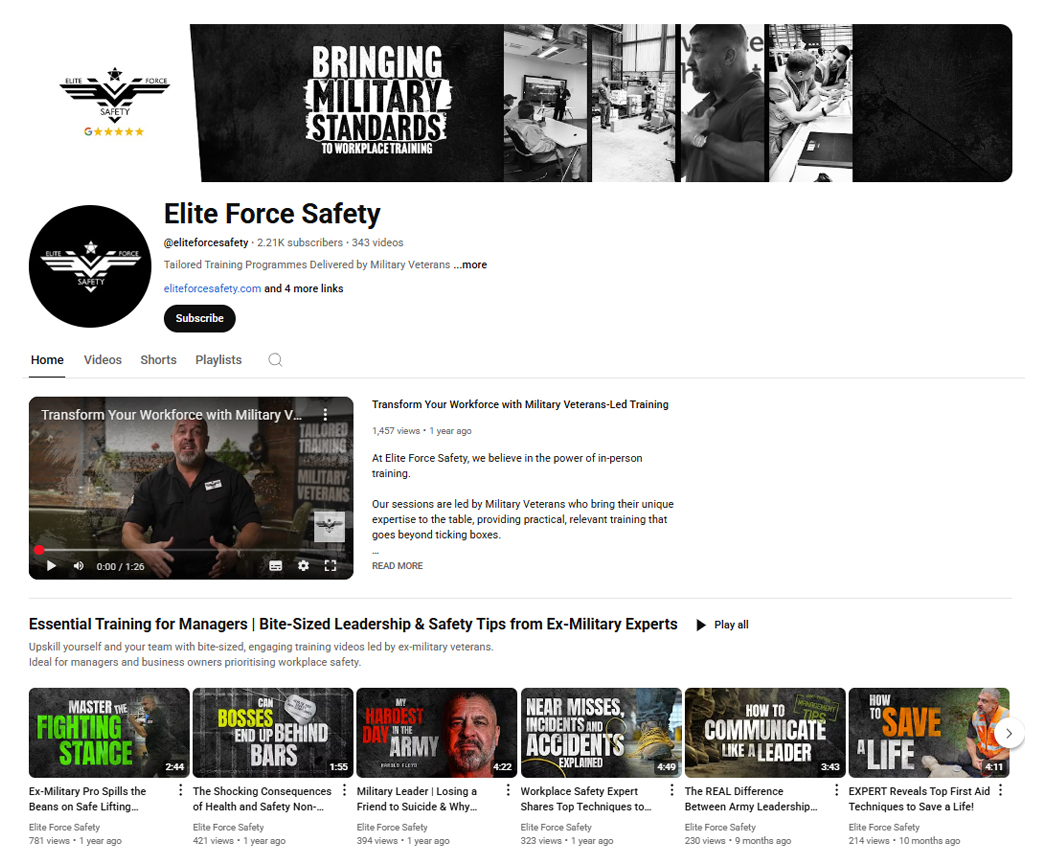 Updated Elite Force Safety YouTube channel with new branding, thumbnails, playlists, and military-led training video content.