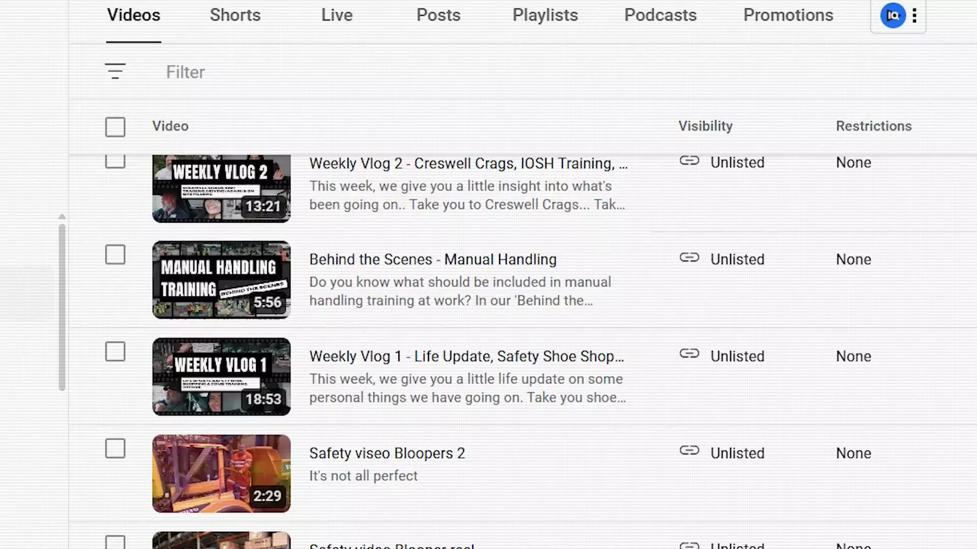 Screenshot of Elite Force Safety’s YouTube video manager showing older vlog and blooper content marked as unlisted.
