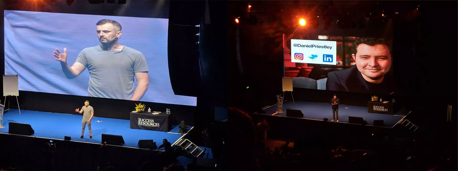 Split-screen image showing Gary Vaynerchuk and Daniel Priestley speaking on stage at a Success Resources event, part of the motivational seminar circuit investigated in Mike Winnet’s viral exposé.