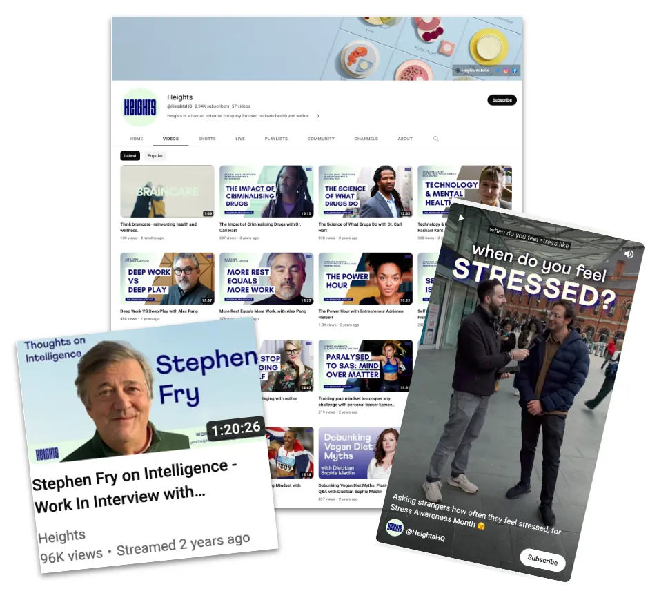 Screenshot of the Heights YouTube channel showing Stephen Fry interview and various videos before a content strategy was applied
