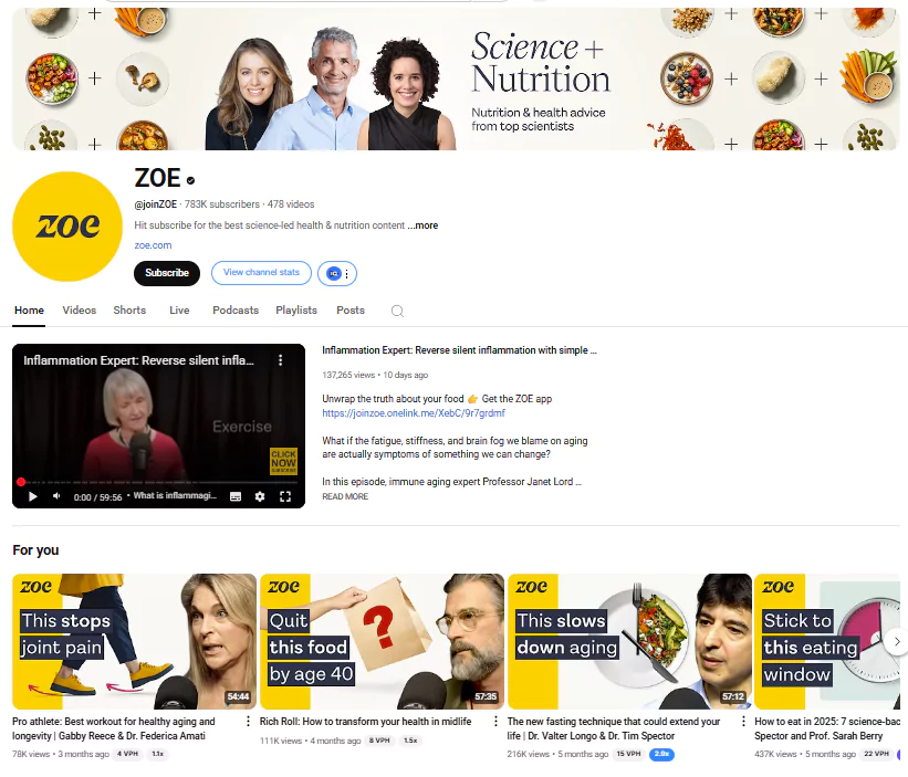 Screenshot of ZOE’s YouTube channel showcasing educational health videos and expert-led content designed to build trust and community