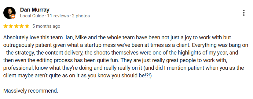 5 Star Google review from Heights founder Dan Murray-Serter praising the GNG Studios team for their strategy, production, and professionalism