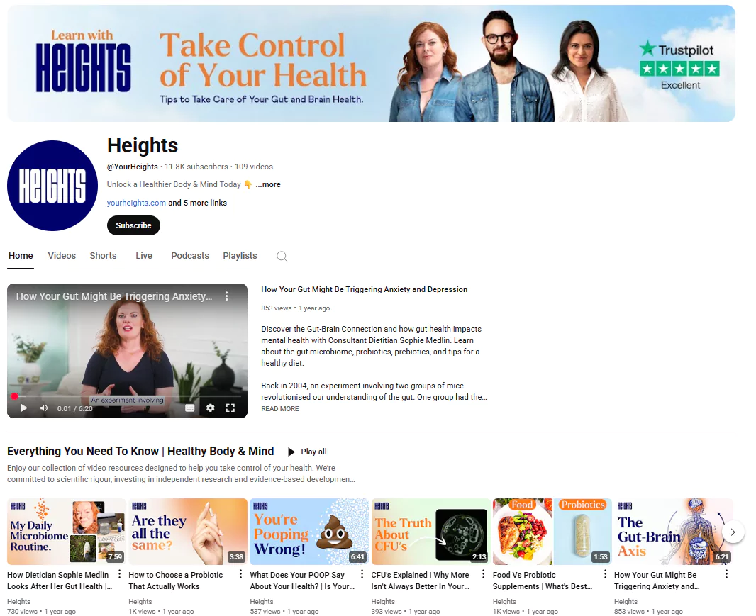 Updated Heights YouTube channel showing new branding, educational video content on gut health, and clear playlists designed to improve viewer experience and trust
