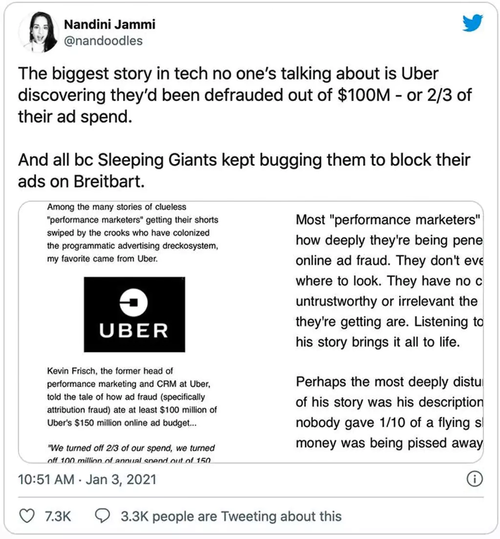 Tweet highlighting how Uber’s former Head of Acquisition shut off $100M in ad spend with no change in app installs, revealing large-scale ad fraud and misattribution.