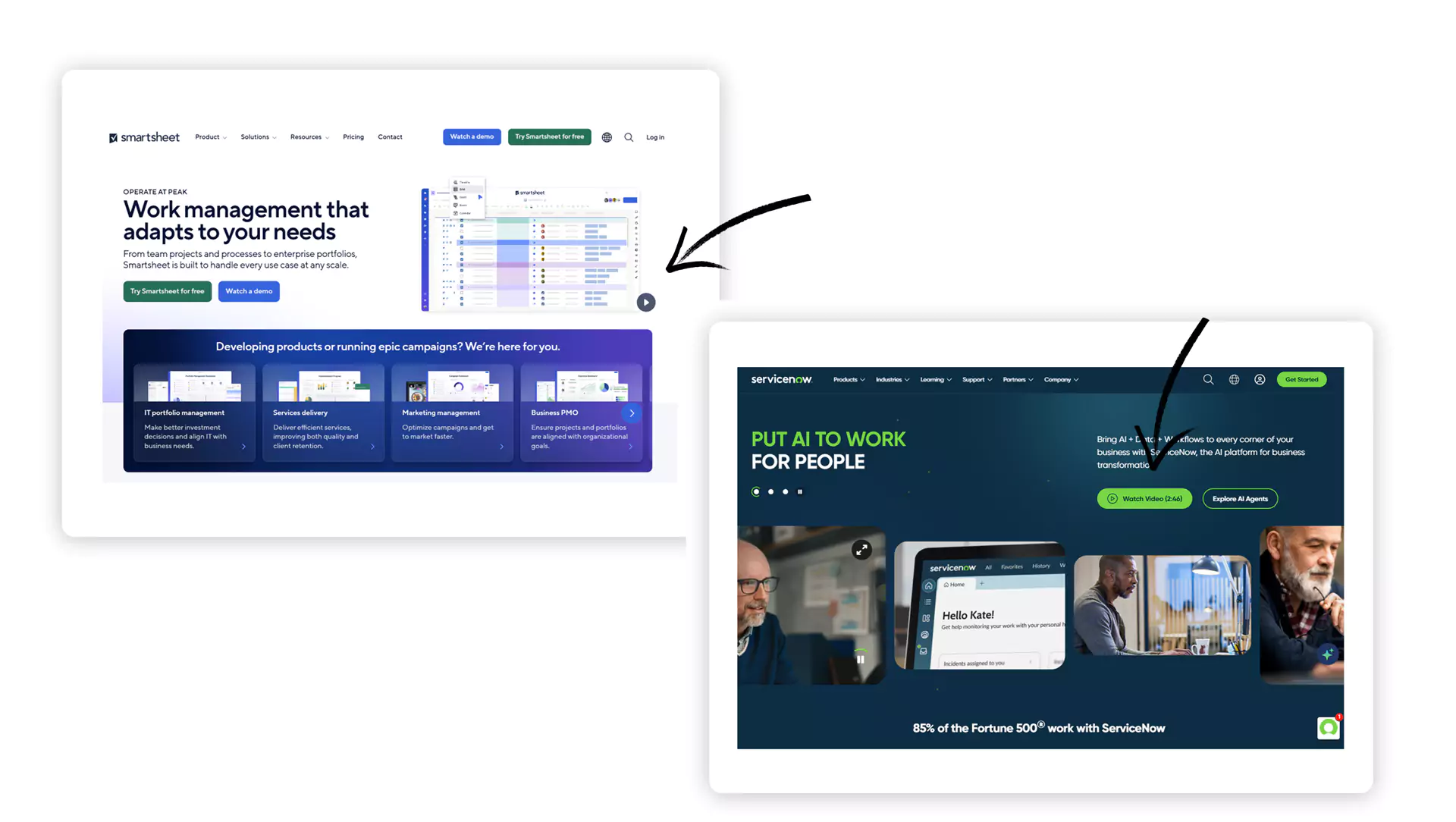 Homepage examples from Smartsheet and ServiceNow showcasing prominent B2B company intro videos placed near the top of the page