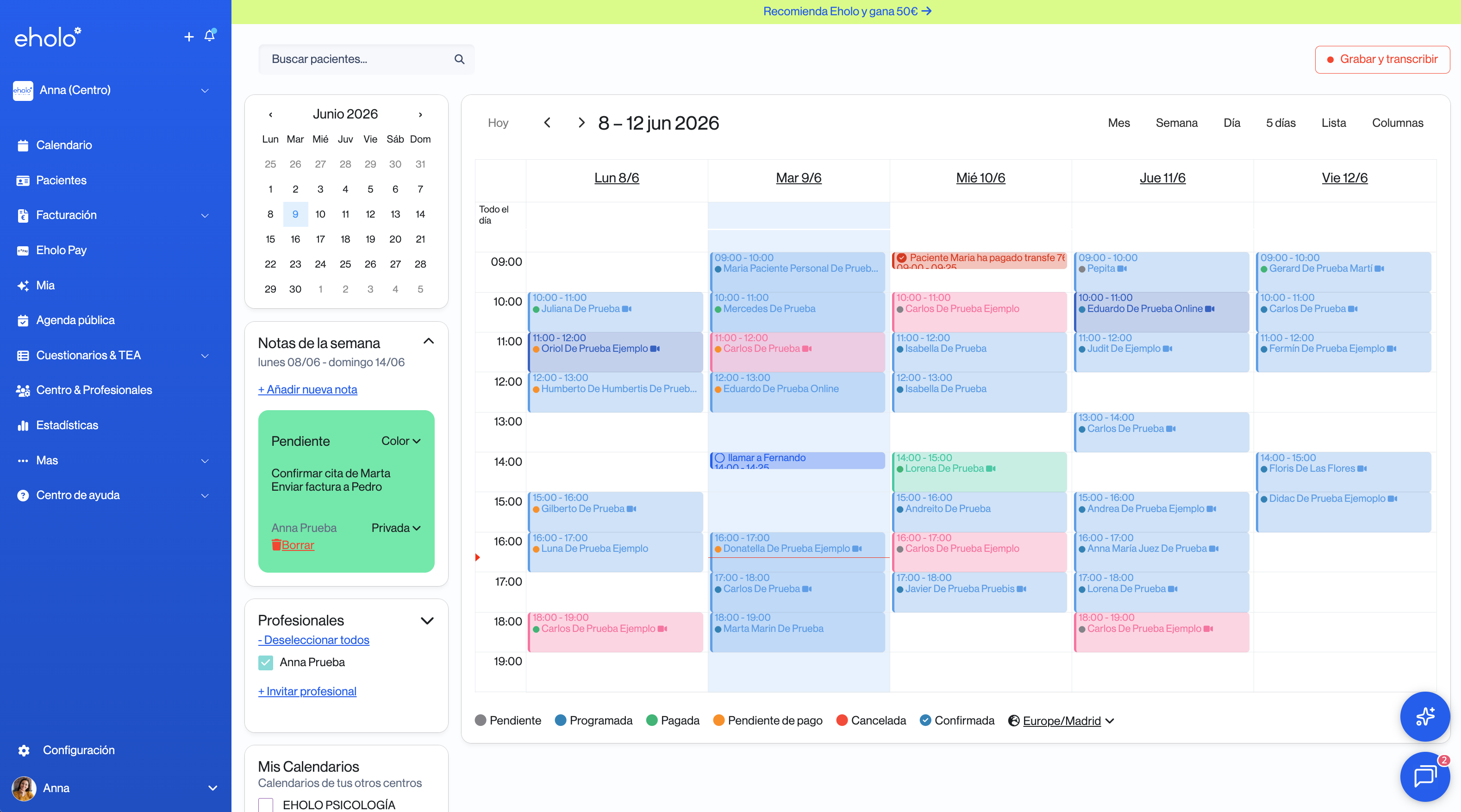 Agenda de Eholo: calendario semanal con las citas de pacientes por día y hora, con códigos de color según el estado de cada cita.