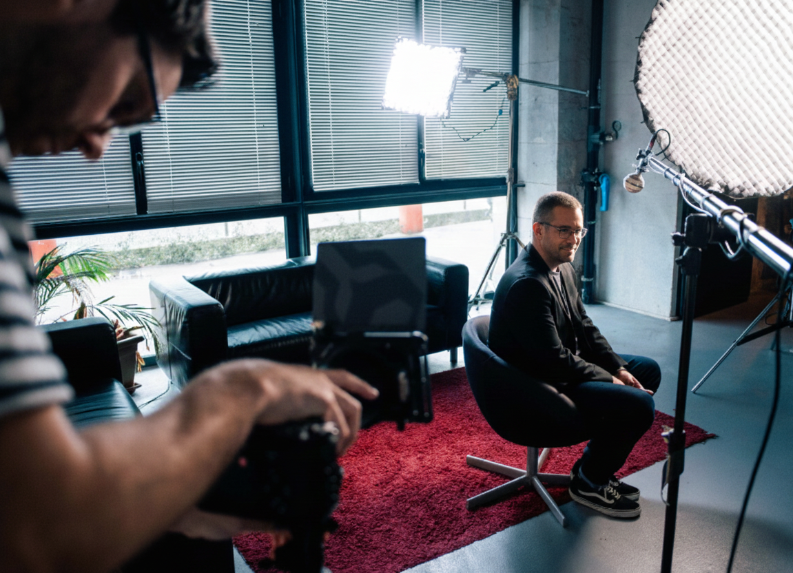 Man sitting on a black swivel chair in a studio, illuminated by professional lighting equipment with a cameraman filming.