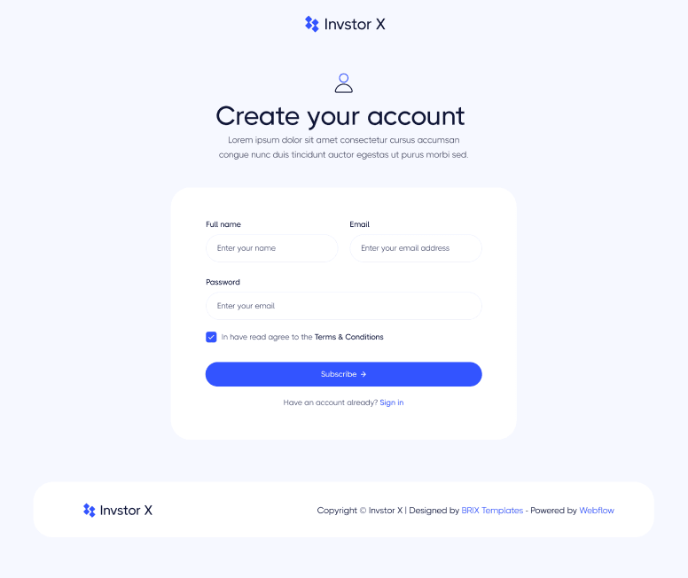 Invstor X - Sign Up Utility Page - Investment Firm Webflow Template