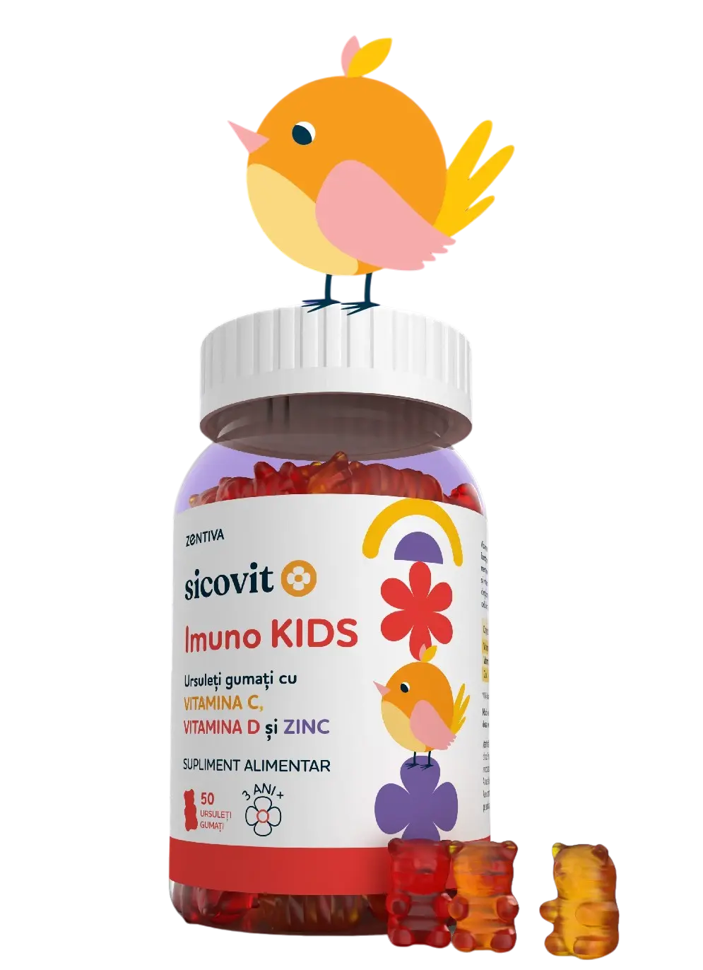Sicovit Imuno KIDS – supliment alimentar pentru copii, sub formă de ursuleți gumati cu vitaminele C, D și zinc. Ambalaj colorat, decorat cu elemente vesele, inclusiv o pasăre galbenă stilizată. Borcan cu 50 de ursuleți gumati, destinat susținerii imunității copiilor cu vârsta peste 3 ani.