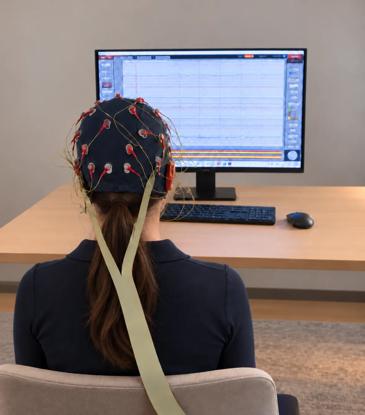 Une cliente équipée de lunettes d’oculométrie observe les rayons d’un magasin