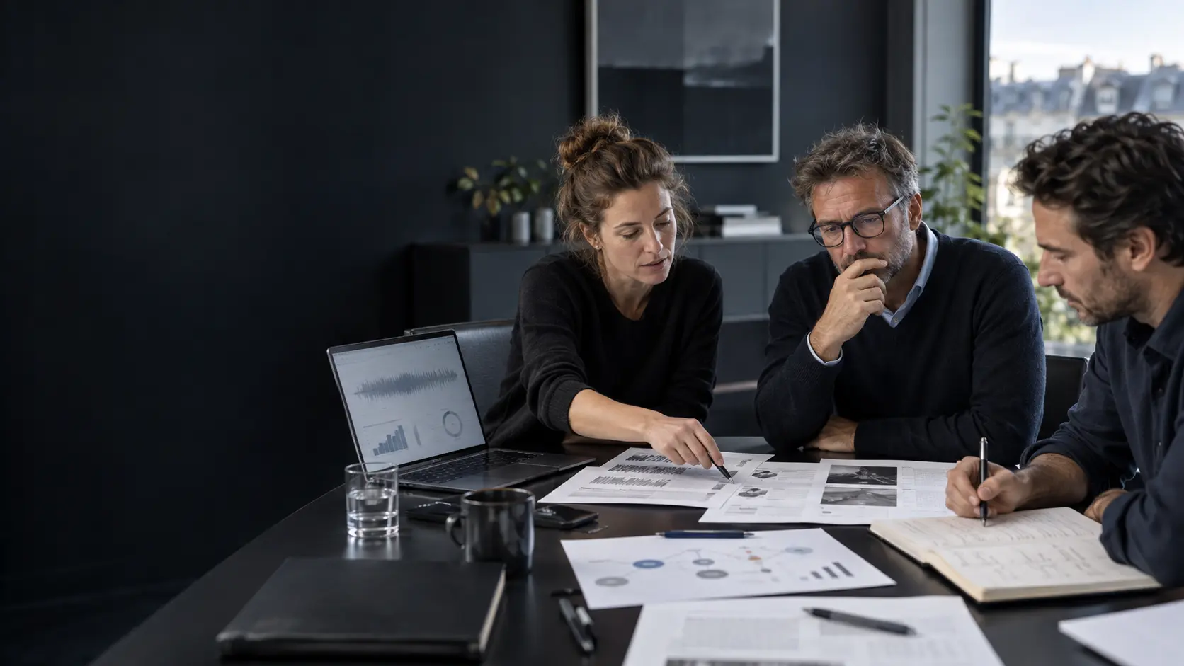 Équipe commerciale analysant des entretiens de vente autour d’une table de réunion