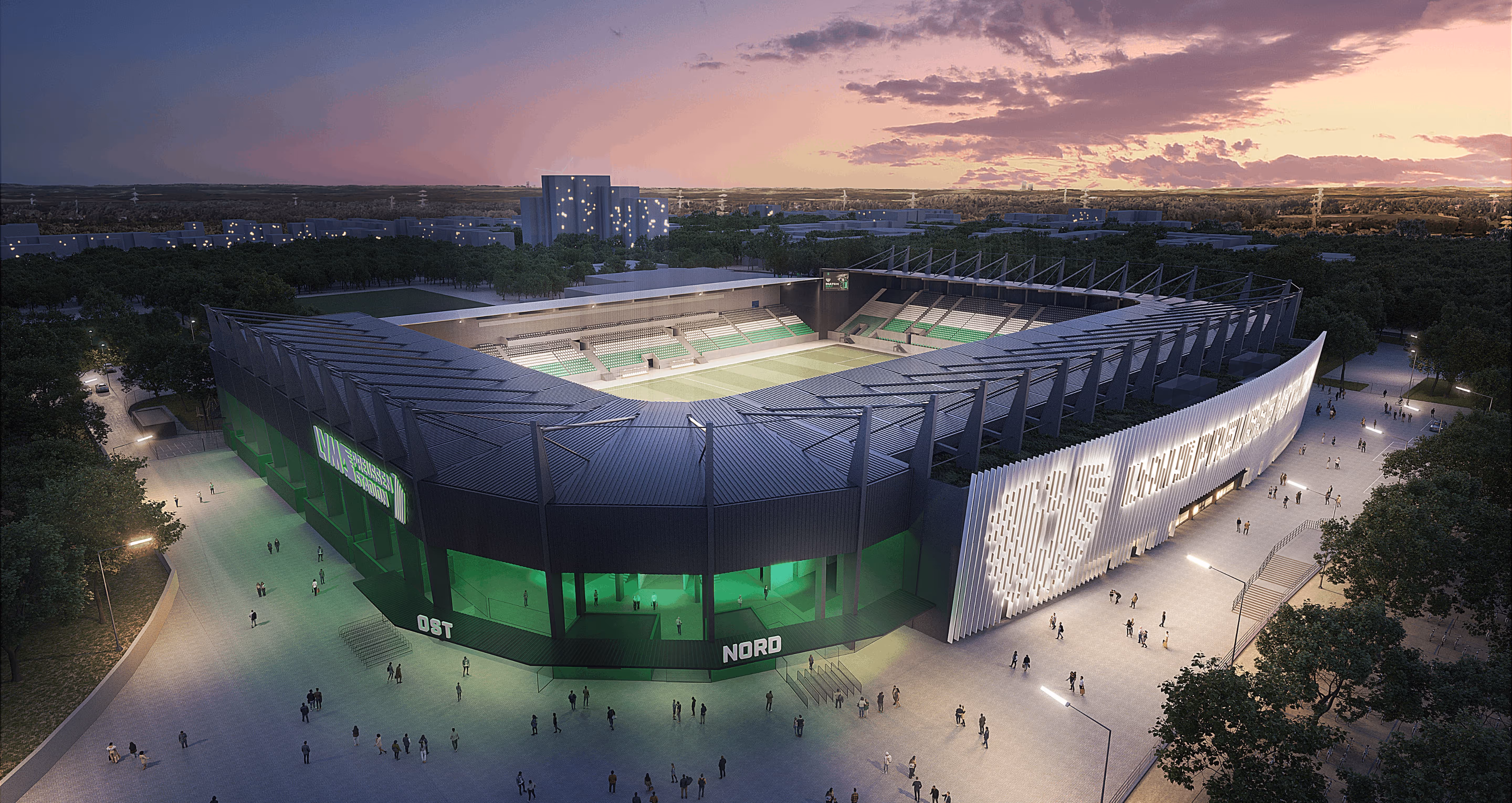 A stunning view of the new Preussen FC stadium, showcasing its modern architecture and vibrant atmosphere.