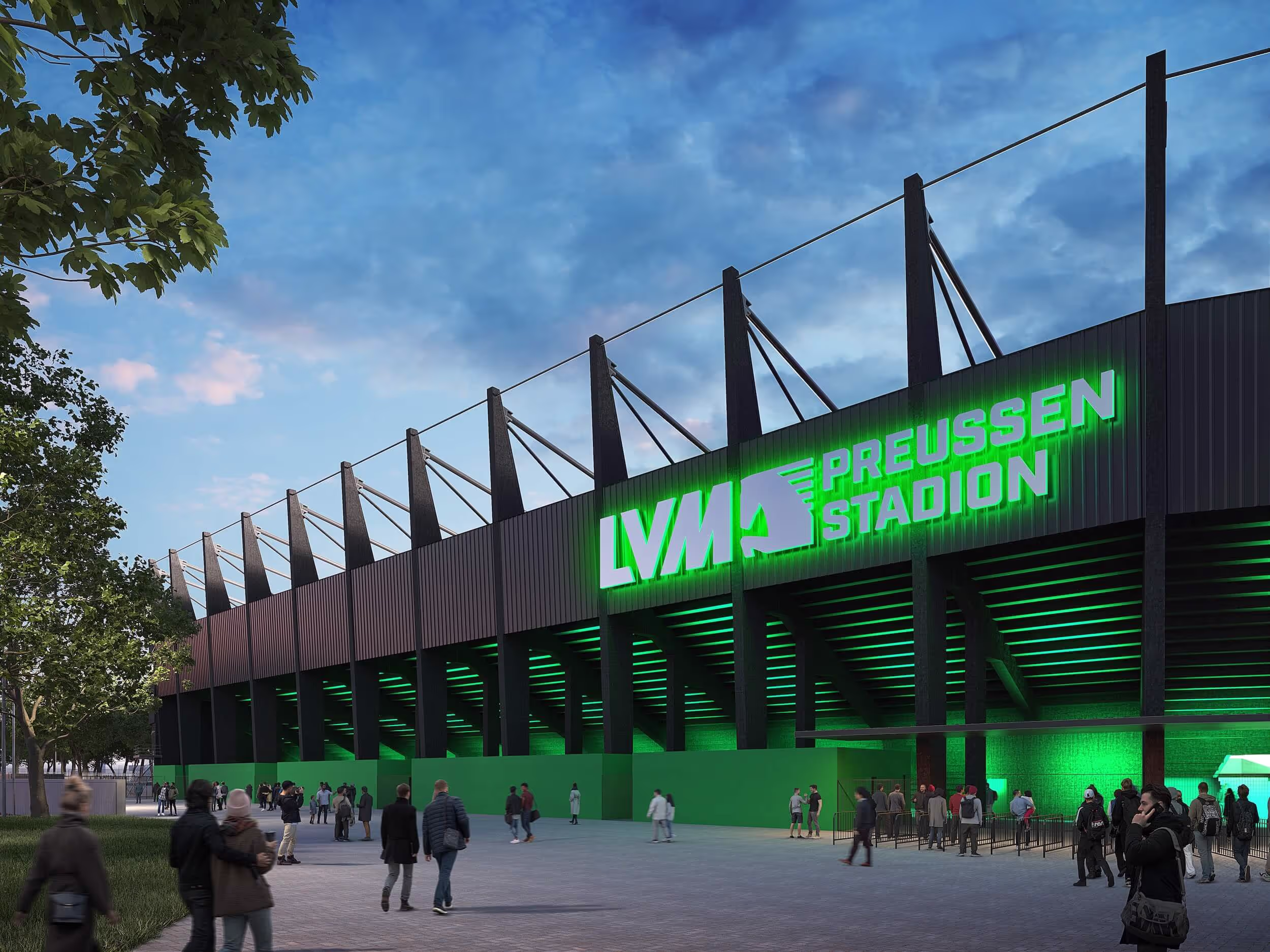 Ansicht des Stadions mit neuem Namensschild, das den aktuellen Stadionnamen deutlich sichtbar zeigt.

