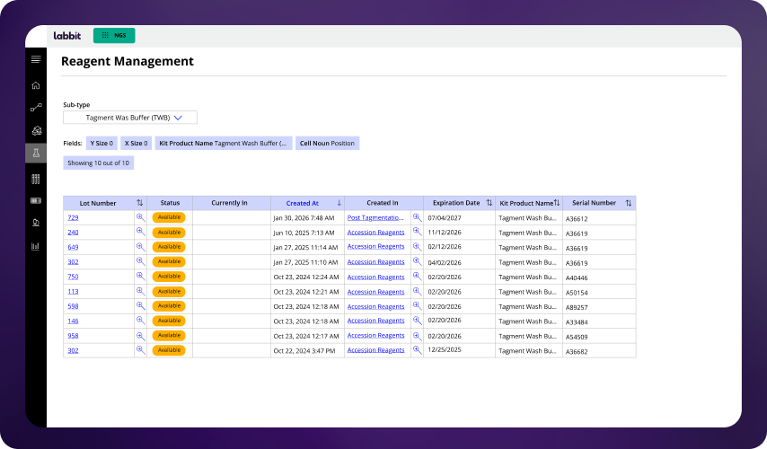 Reagent Management interface showing a table with lot numbers, status labeled as available, dates created and expiration, kit product names, and serial numbers.